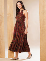 Women's Maroon Halter Neck Allover Floral Print Tiered Fit and Flare Fusion Maxi Dress