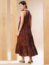 Women's Maroon Halter Neck Allover Floral Print Tiered Fit and Flare Fusion Maxi Dress