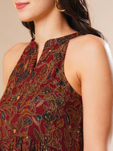 Women's Maroon Halter Neck Allover Floral Print Tiered Fit and Flare Fusion Maxi Dress