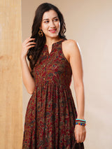Women's Maroon Halter Neck Allover Floral Print Tiered Fit and Flare Fusion Maxi Dress