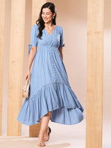 Women's Self Design Gathered Waist High-Low Hem Fit and Flare Midi Dress