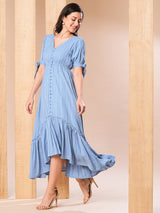 Women's Self Design Gathered Waist High-Low Hem Fit and Flare Midi Dress