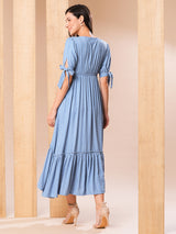 Women's Self Design Gathered Waist High-Low Hem Fit and Flare Midi Dress