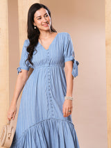 Women's Self Design Gathered Waist High-Low Hem Fit and Flare Midi Dress