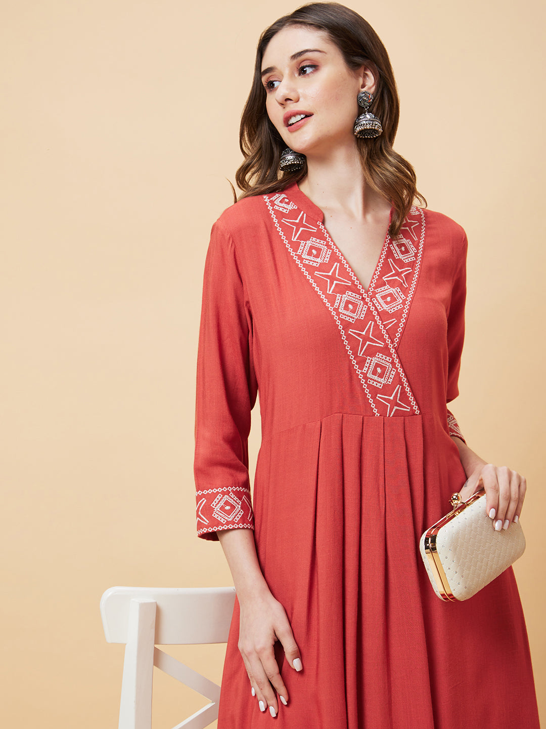 Women's Brown Embroidered Pleated A-Line Kurta