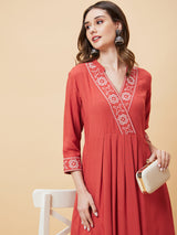 Women's Brown Embroidered Pleated A-Line Kurta