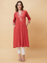 Women's Brown Embroidered Pleated A-Line Kurta