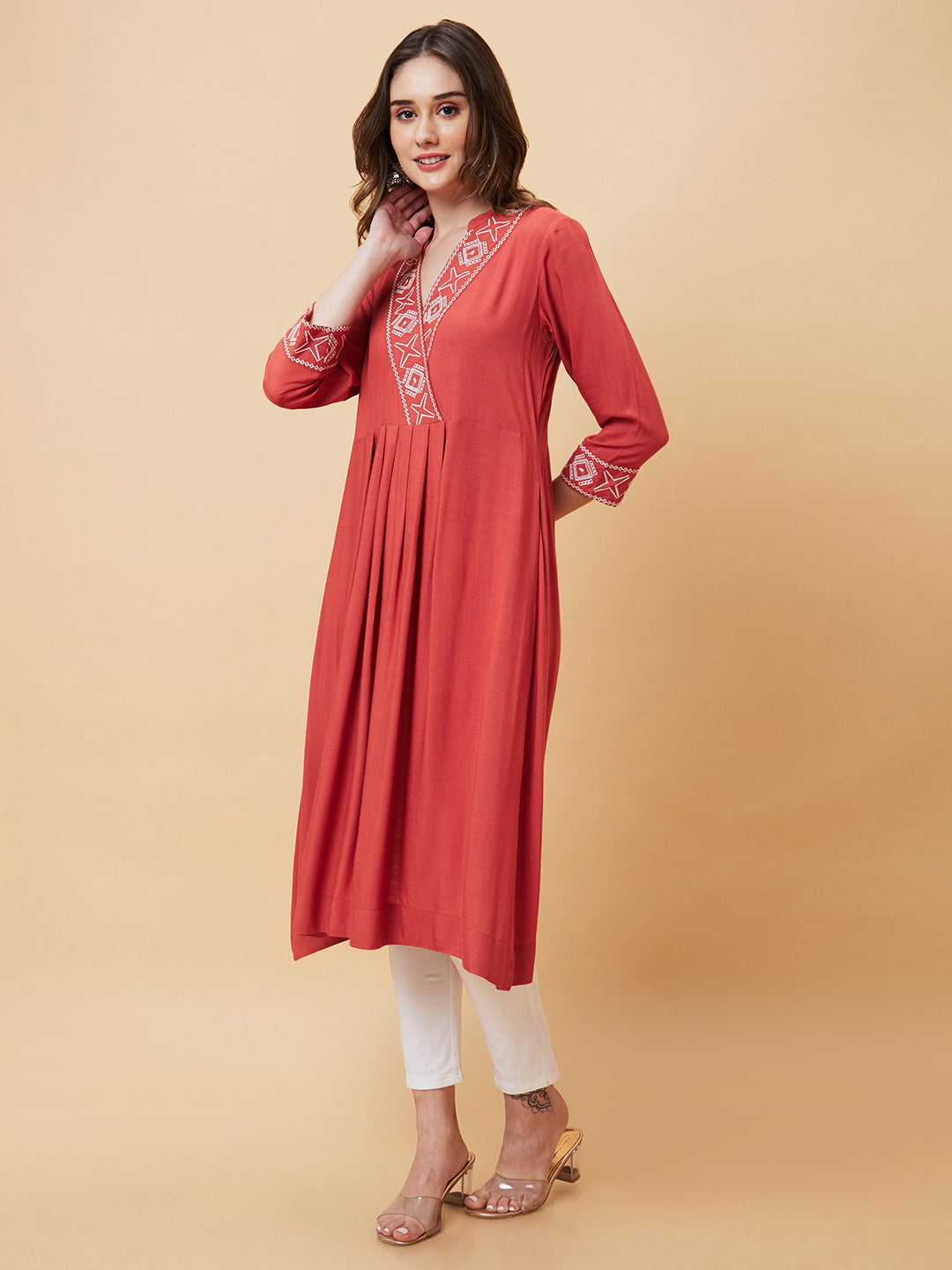 Women's Brown Embroidered Pleated A-Line Kurta