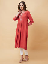 Women's Brown Embroidered Pleated A-Line Kurta