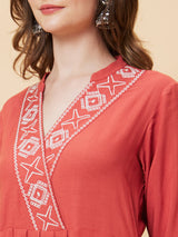 Women's Brown Embroidered Pleated A-Line Kurta