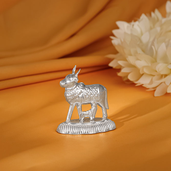 Silver Auspicious Kamadhenu Cow and Calf Idol