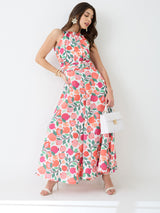 Women's Pink Floral and Fruit Print Halter Neck Pleated Detail Flared Fusion Jumpsuit