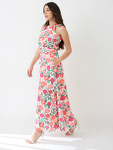 Women's Pink Floral and Fruit Print Halter Neck Pleated Detail Flared Fusion Jumpsuit