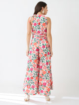 Women's Pink Floral and Fruit Print Halter Neck Pleated Detail Flared Fusion Jumpsuit
