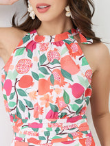 Women's Pink Floral and Fruit Print Halter Neck Pleated Detail Flared Fusion Jumpsuit