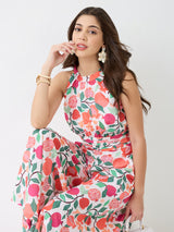Women's Pink Floral and Fruit Print Halter Neck Pleated Detail Flared Fusion Jumpsuit