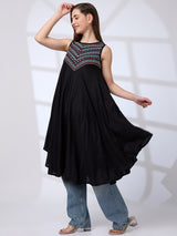Women's Black Embroidered Yoke Asymmetric Hem A-Line Fusion Kurta