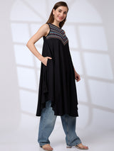 Women's Black Embroidered Yoke Asymmetric Hem A-Line Fusion Kurta