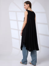 Women's Black Embroidered Yoke Asymmetric Hem A-Line Fusion Kurta