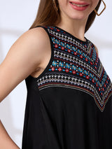 Women's Black Embroidered Yoke Asymmetric Hem A-Line Fusion Kurta