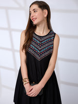 Women's Black Embroidered Yoke Asymmetric Hem A-Line Fusion Kurta