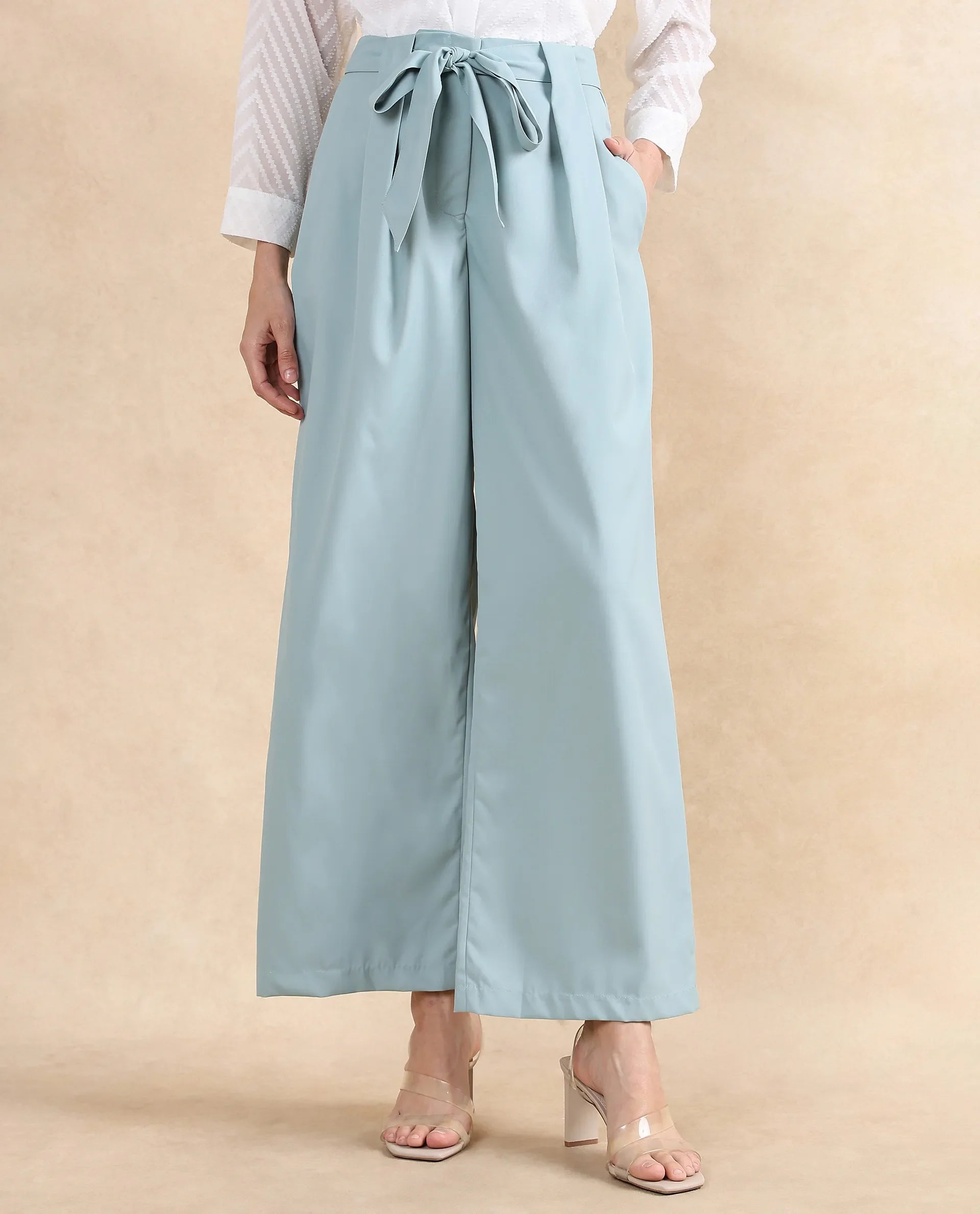 Women's Light Teal Polyester Blend Plain Ankle Length Wide Trouser