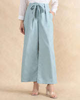 Women's Light Teal Polyester Blend Plain Ankle Length Wide Trouser