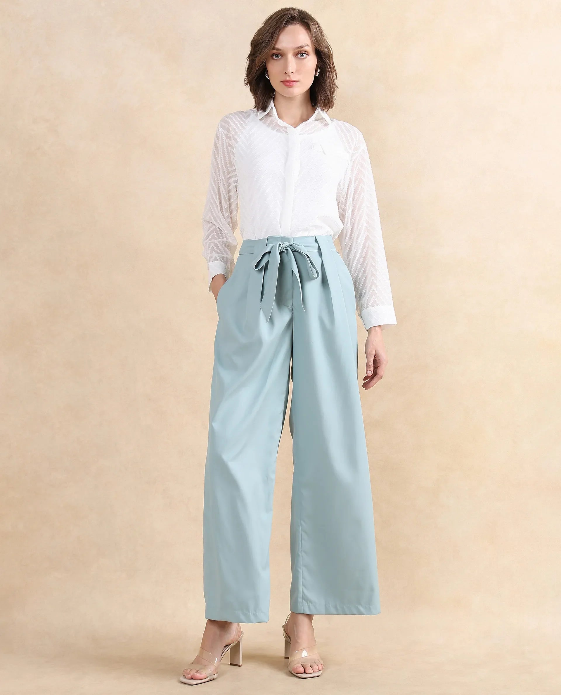 Women's Light Teal Polyester Blend Plain Ankle Length Wide Trouser