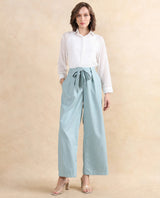 Women's Light Teal Polyester Blend Plain Ankle Length Wide Trouser