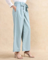 Women's Light Teal Polyester Blend Plain Ankle Length Wide Trouser