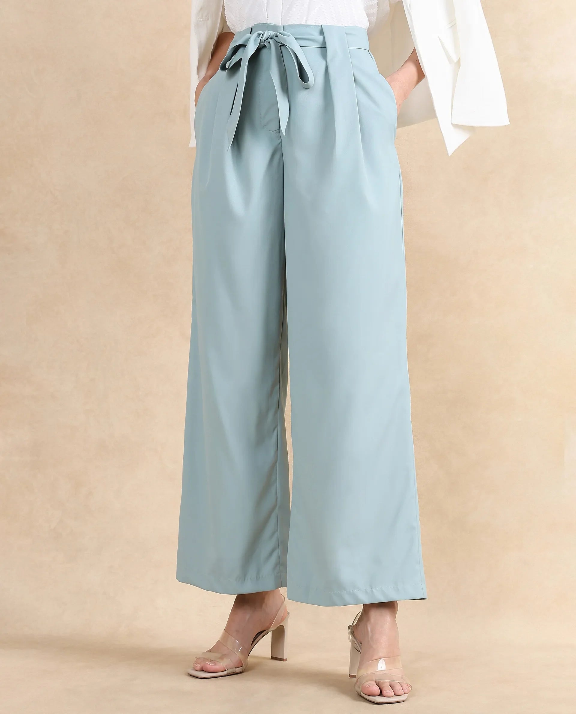 Women's Light Teal Polyester Blend Plain Ankle Length Wide Trouser