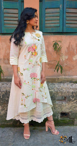 Women's White Work Regular Fit Embroidered Three Quarter Sleeves Dress