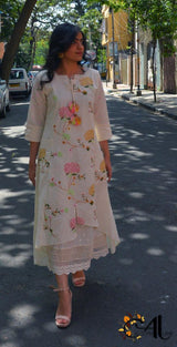 Women's White Work Regular Fit Embroidered Three Quarter Sleeves Dress