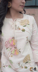 Women's White Work Regular Fit Embroidered Three Quarter Sleeves Dress