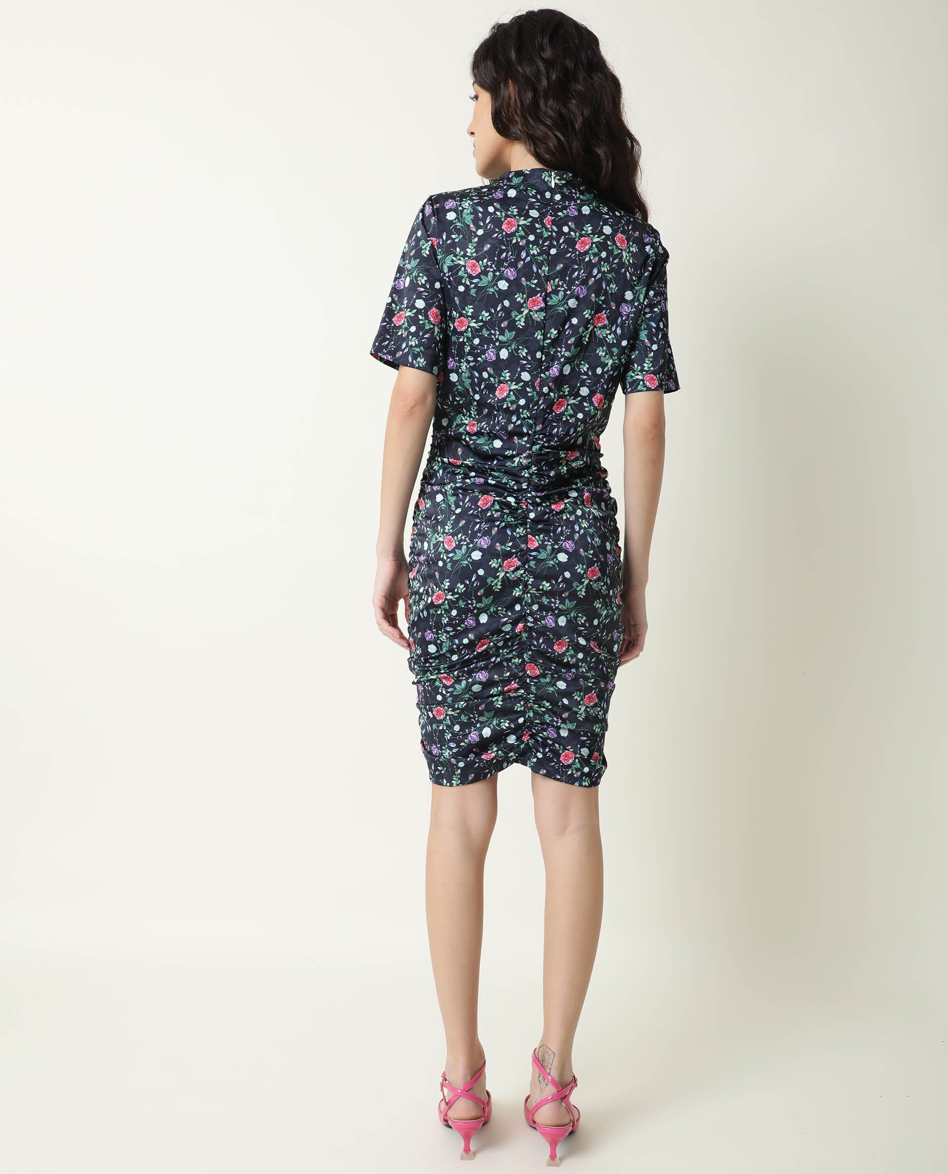 Women's John Navy Floral Print High Neck Short Sleeves Ruching At Sides And Back With Back Zip Closure Mini Dress