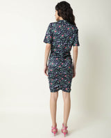 Women's John Navy Floral Print High Neck Short Sleeves Ruching At Sides And Back With Back Zip Closure Mini Dress