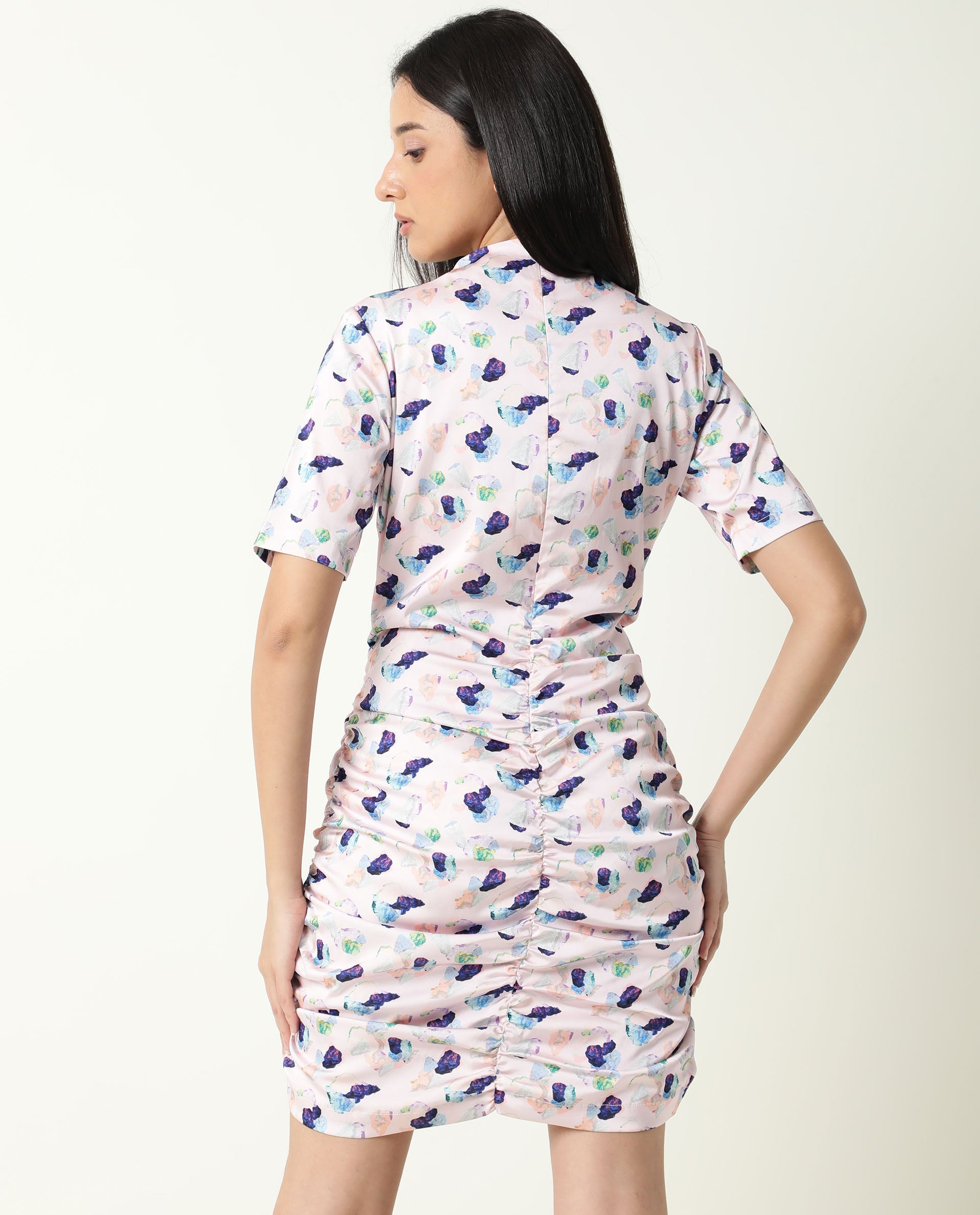 Women's Flirty Light Pink Abstract High Neck Short Sleeve Runches At Side And Back With Back Zip Closure Mini Dress