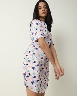 Women's Flirty Light Pink Abstract High Neck Short Sleeve Runches At Side And Back With Back Zip Closure Mini Dress