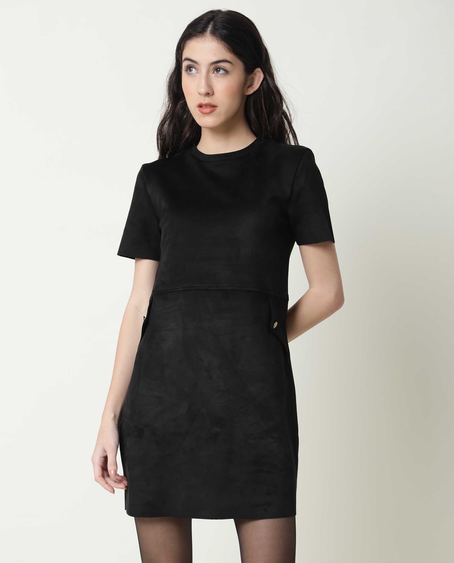 Women's Sions Black Round Neck Short Sleeves Mini Dress
