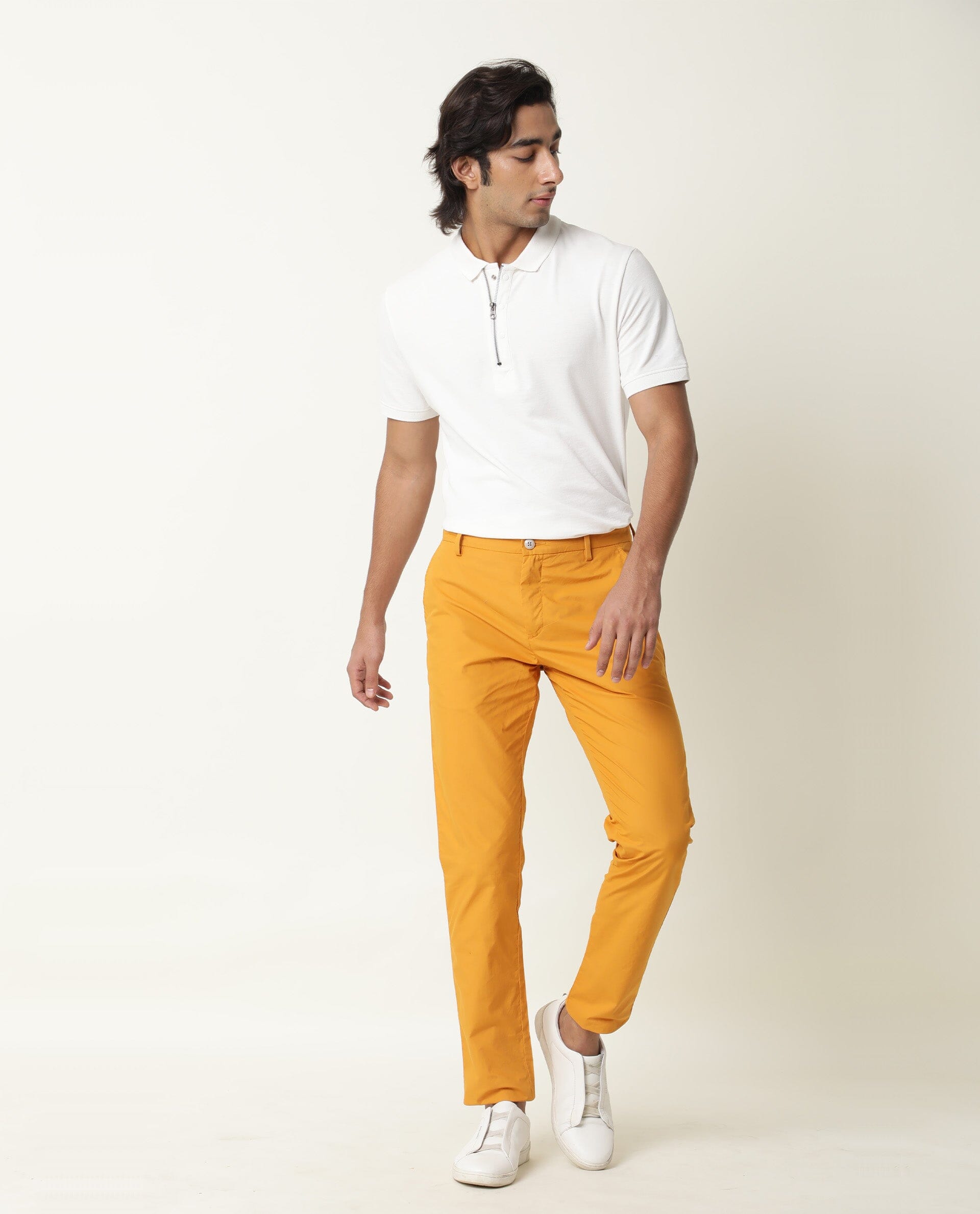 Men's Yellow Casual Regular Fit Solid Trouser
