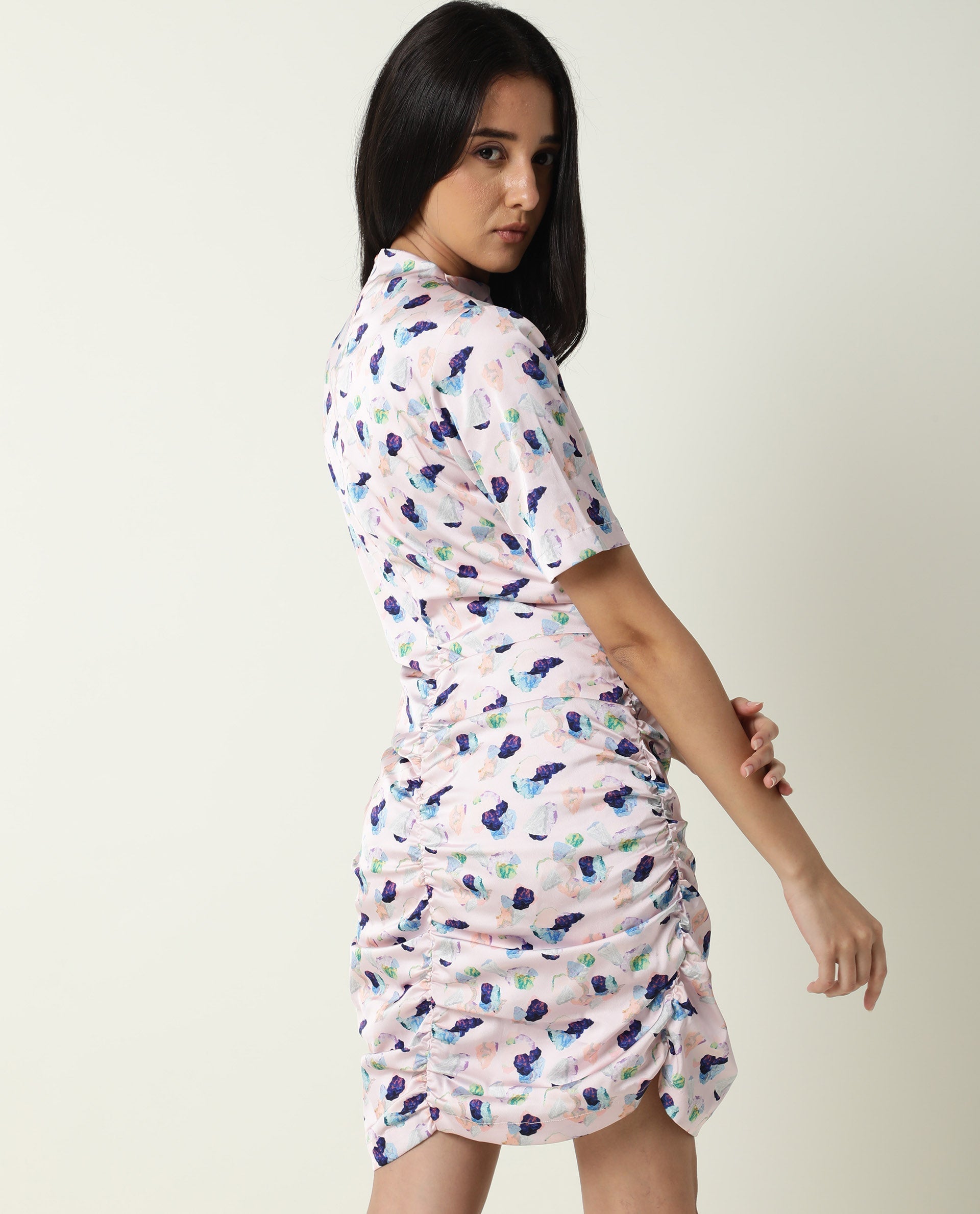 Women's Flirty Light Pink Abstract High Neck Short Sleeve Runches At Side And Back With Back Zip Closure Mini Dress