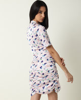 Women's Flirty Light Pink Abstract High Neck Short Sleeve Runches At Side And Back With Back Zip Closure Mini Dress