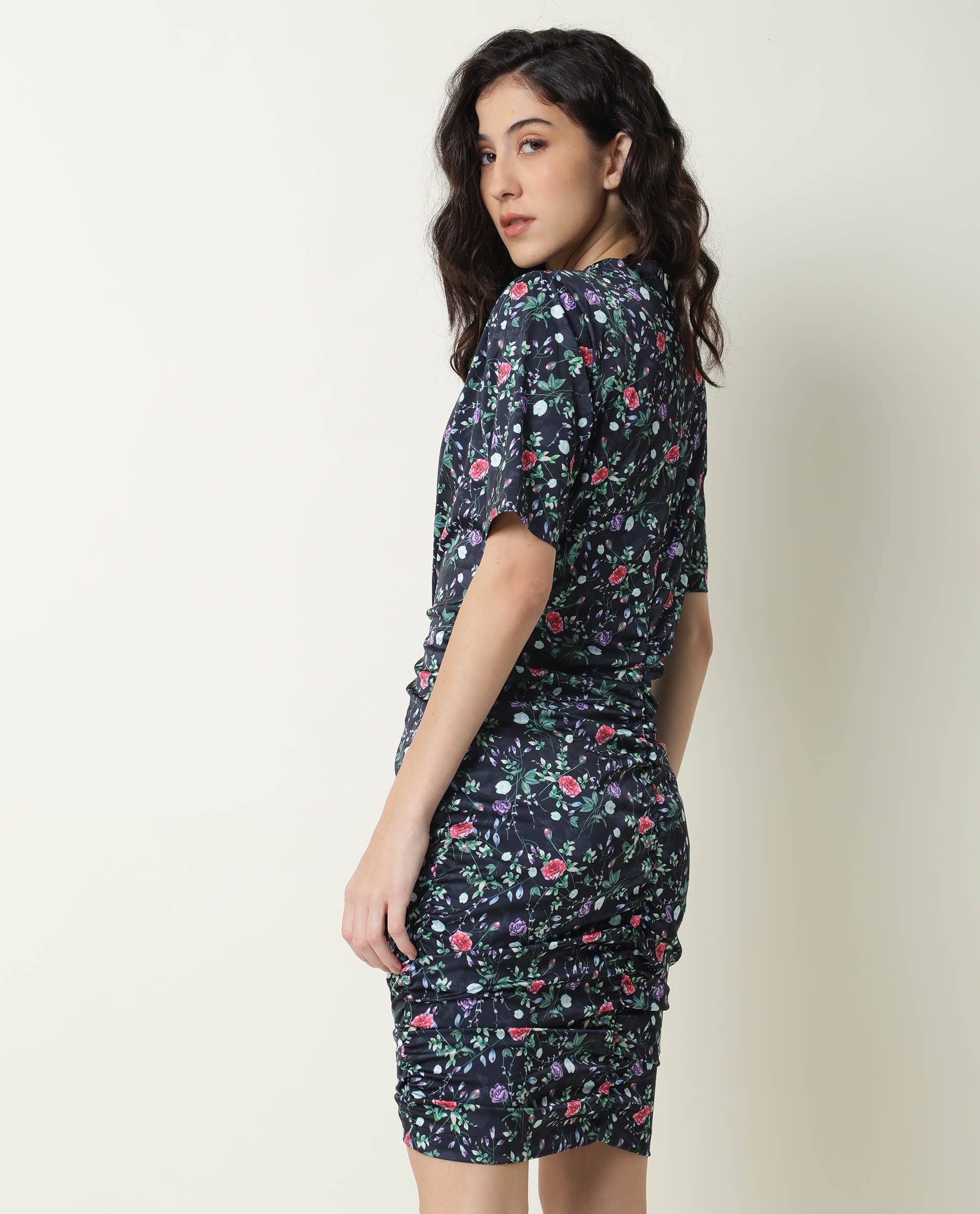 Women's John Navy Floral Print High Neck Short Sleeves Ruching At Sides And Back With Back Zip Closure Mini Dress