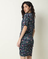 Women's John Navy Floral Print High Neck Short Sleeves Ruching At Sides And Back With Back Zip Closure Mini Dress