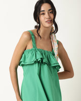 Women's Shallow Green Broad Shoulder Straps Ruffled Square Neck with Pockets Midi Dress