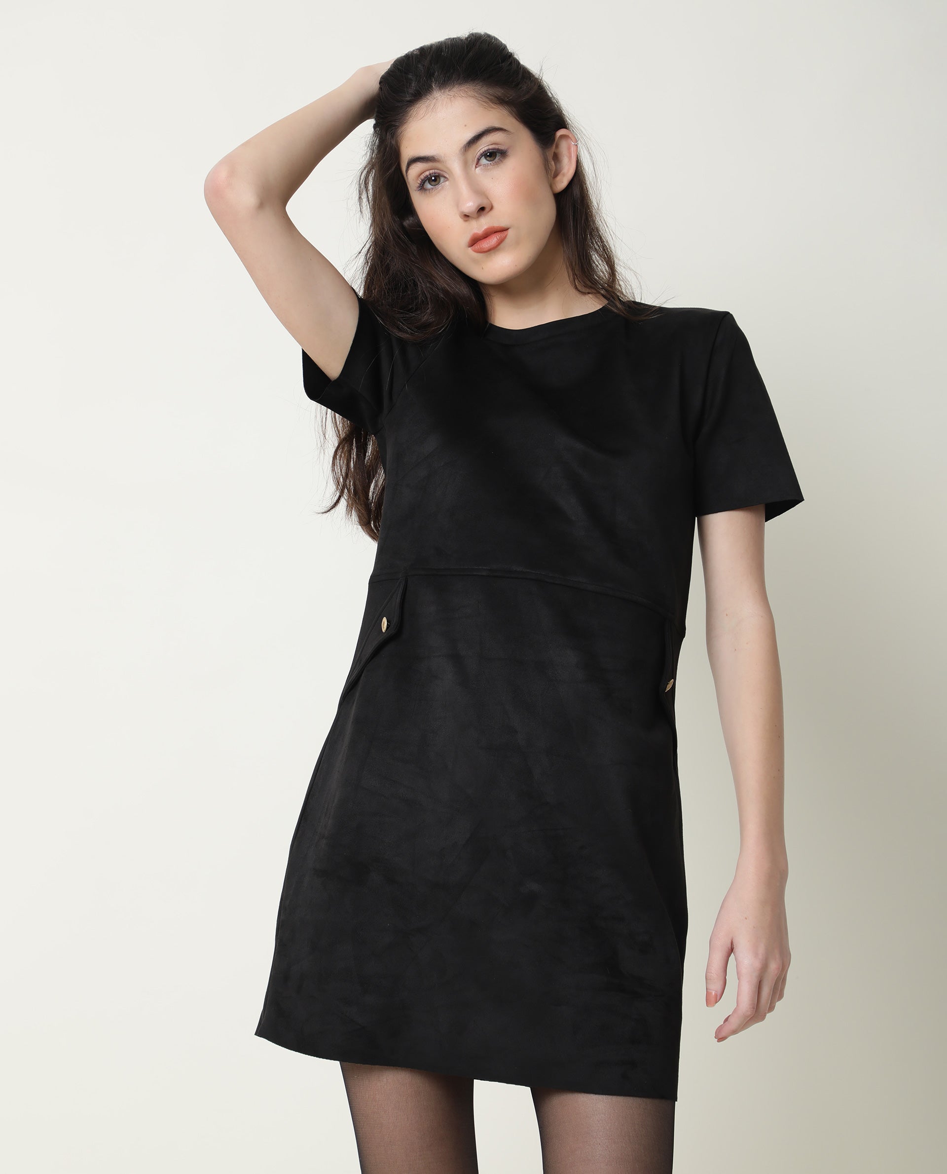 Women's Sions Black Round Neck Short Sleeves Mini Dress