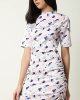 Women's Flirty Light Pink Abstract High Neck Short Sleeve Runches At Side And Back With Back Zip Closure Mini Dress