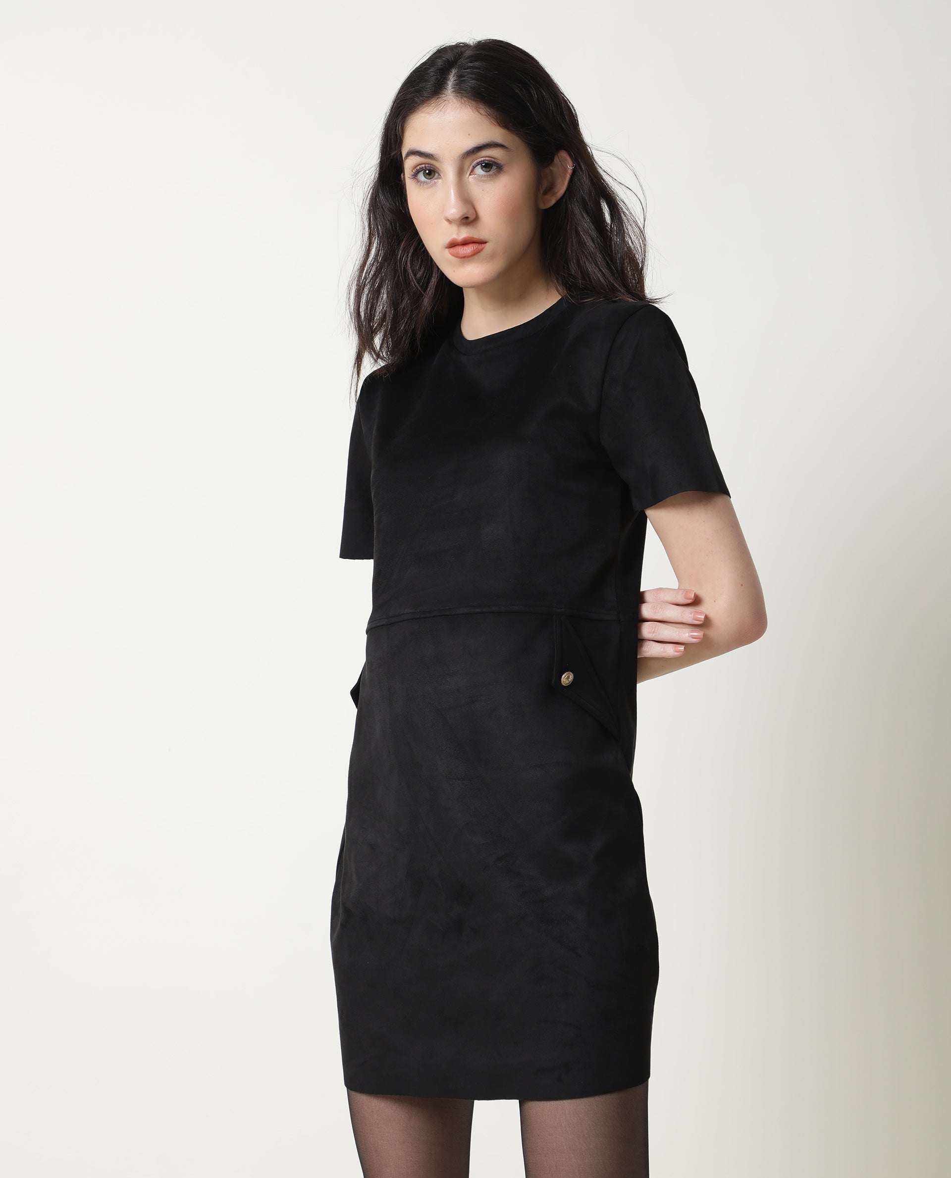 Women's Sions Black Round Neck Short Sleeves Mini Dress