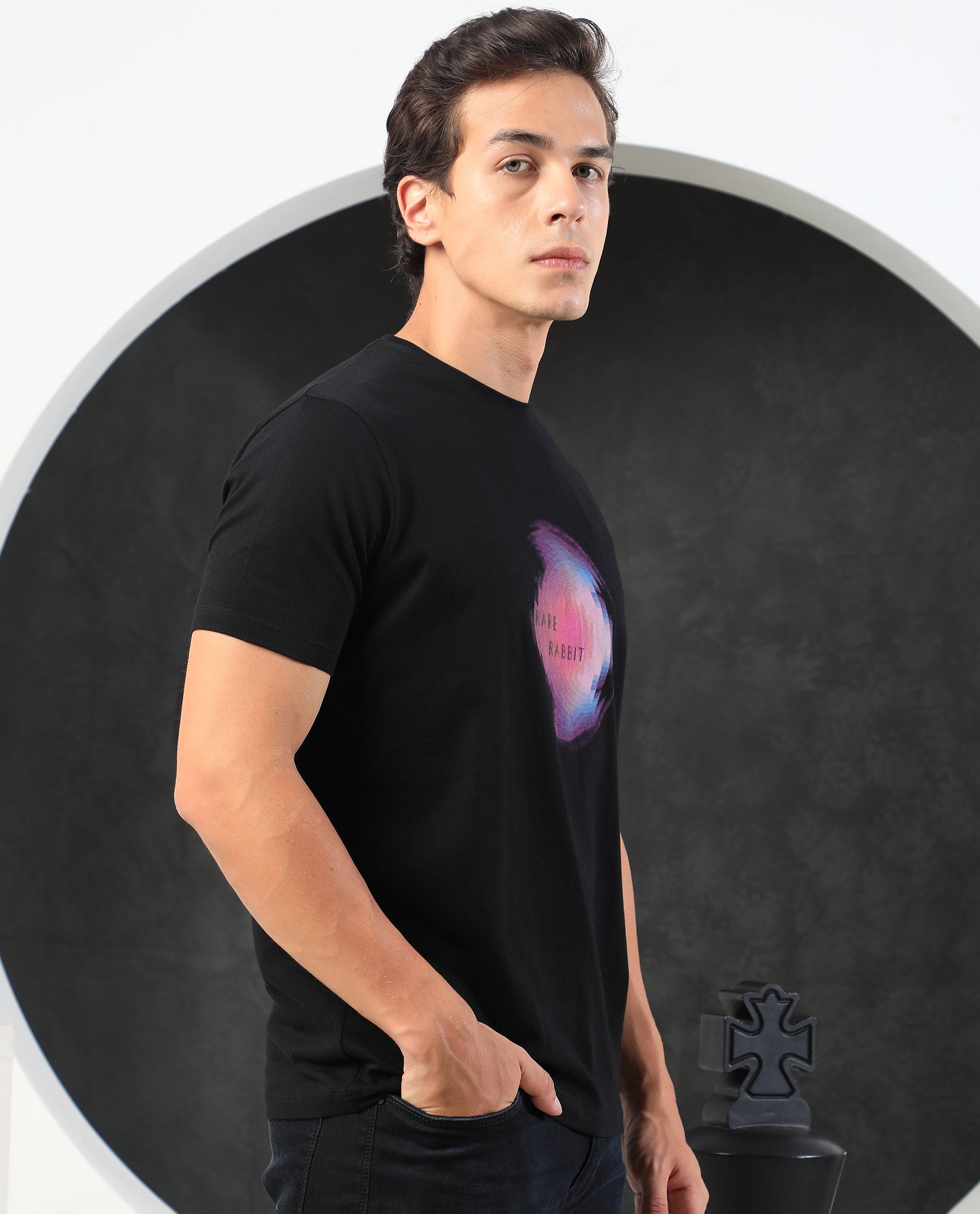 Men's Black Casual Slim Fit Printed Half Sleeves Tshirt