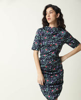 Women's John Navy Floral Print High Neck Short Sleeves Ruching At Sides And Back With Back Zip Closure Mini Dress